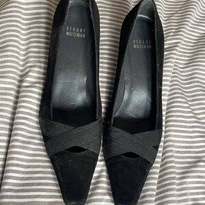 Stuart Weitzman Black Suede Pointed Toe Crisscross Pumps